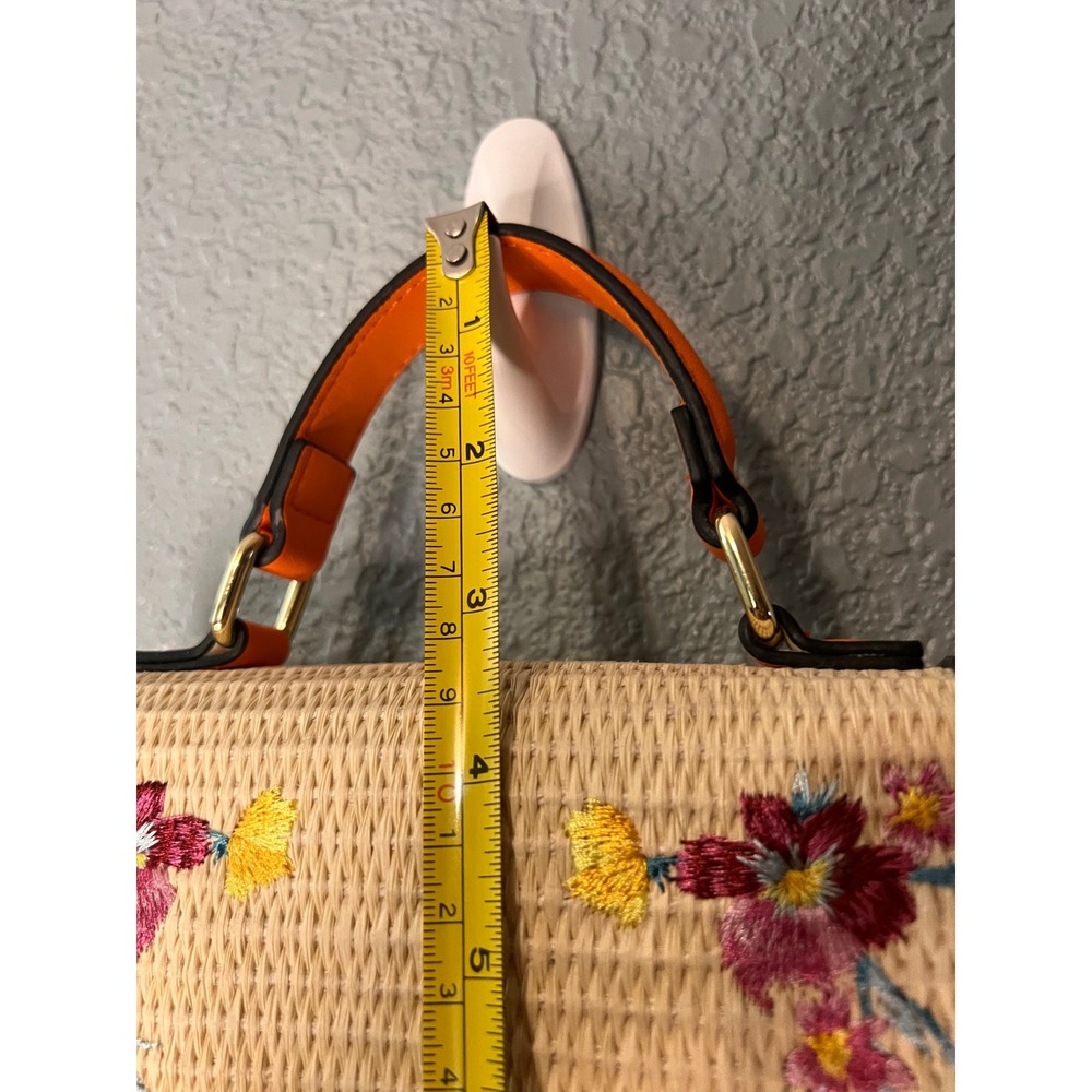 Aldo Floral Embroidered Straw Satchel Bag Colorblock Pink Orange Top Handle - Picture 9 of 11
